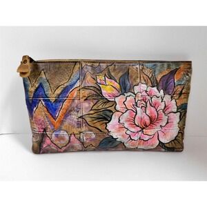 Jane Yoo USA Handpainted Floral Leather Medium Clutch‎ Bag